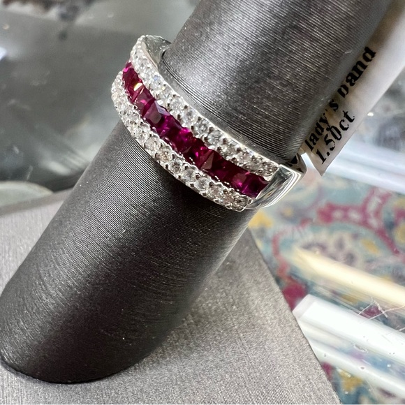 14k White Gold Diamond & Ruby Band Ring - Picture 2 of 8